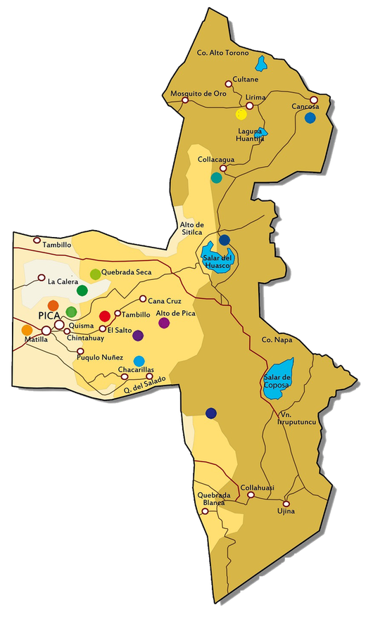 Mapa de la comuna de Pica con sus localidades, salares y caminos
